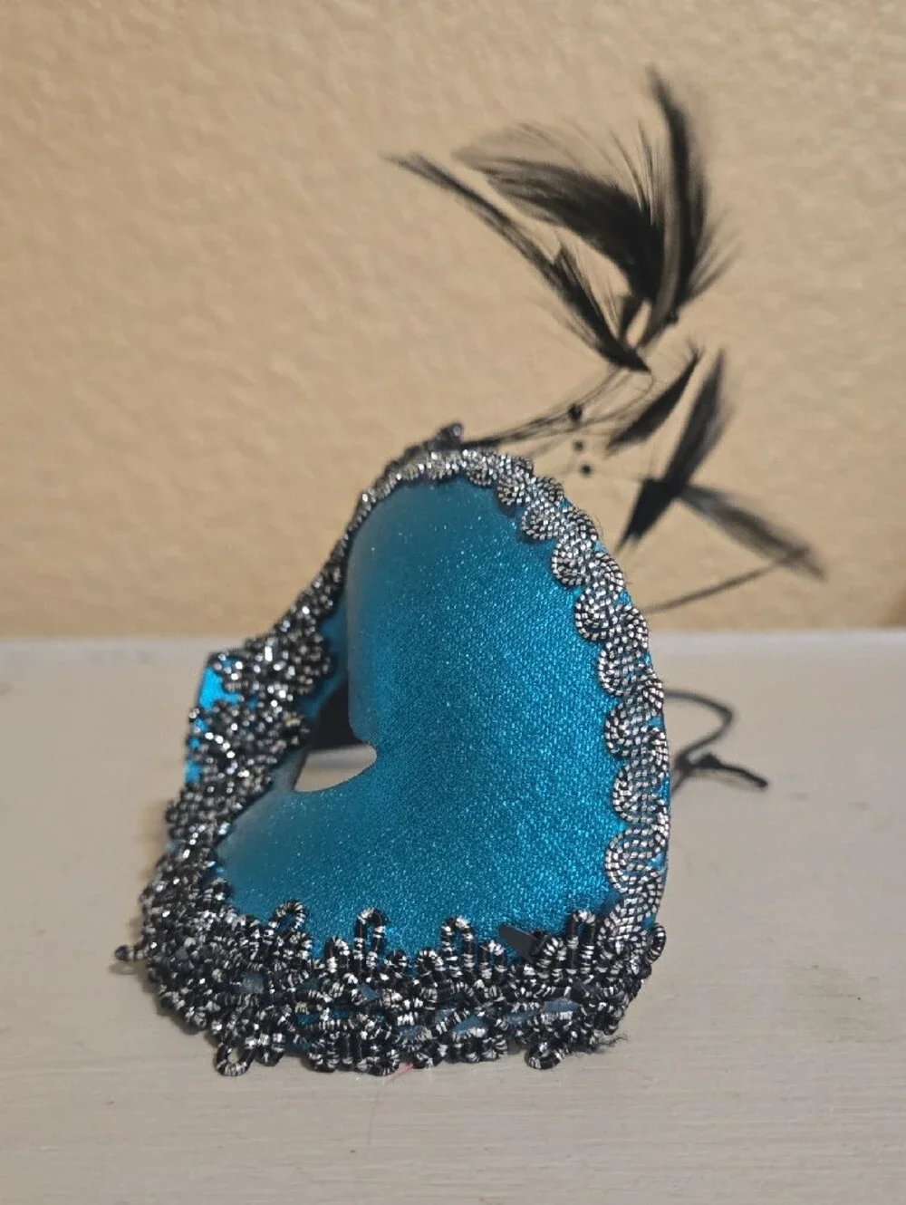 Turquoise Feathered Masquerade Mask with Silver Trim